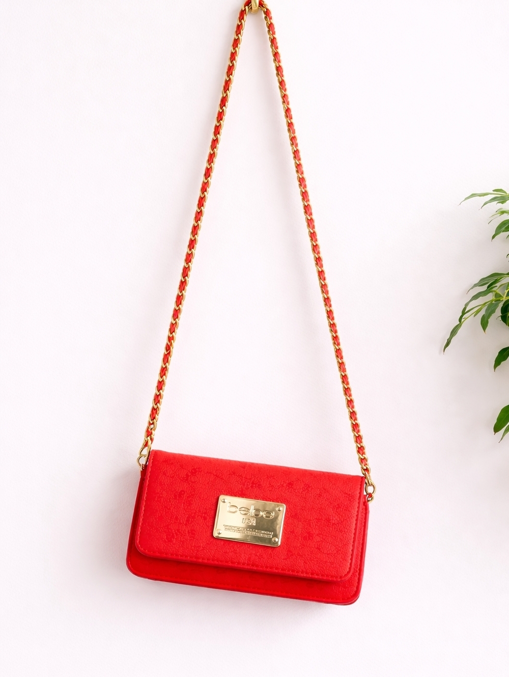 Bebe Red Mini Crossbody Wallet Bag Gold Chain Strap Logo NWT